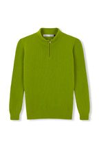 Pistazienfarbener Pullover aus 100 % Wolle mit halbem Reißverschluss