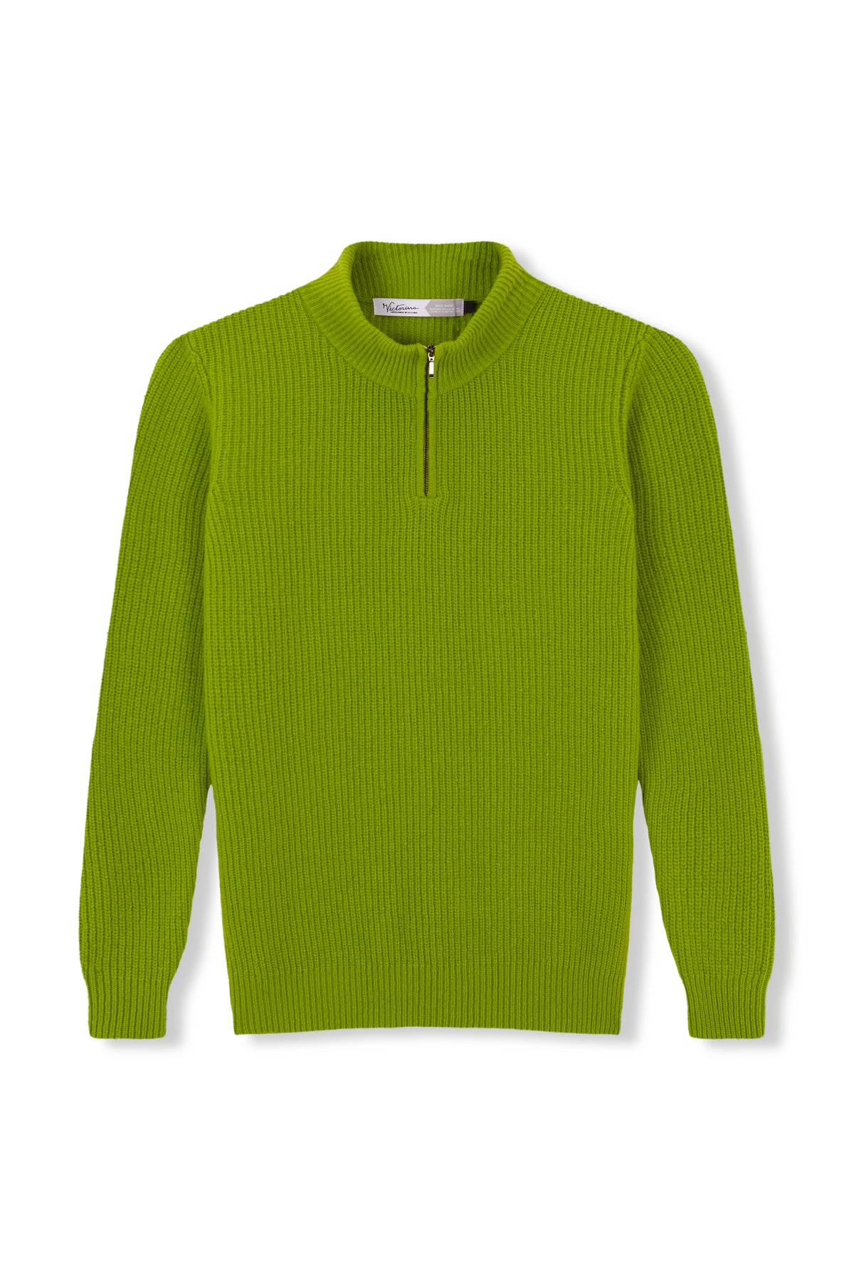 Pistazienfarbener Pullover aus 100 % Wolle mit halbem Reißverschluss