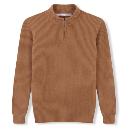 100% WOOL HALF-ZIP SWEATER, BROWN