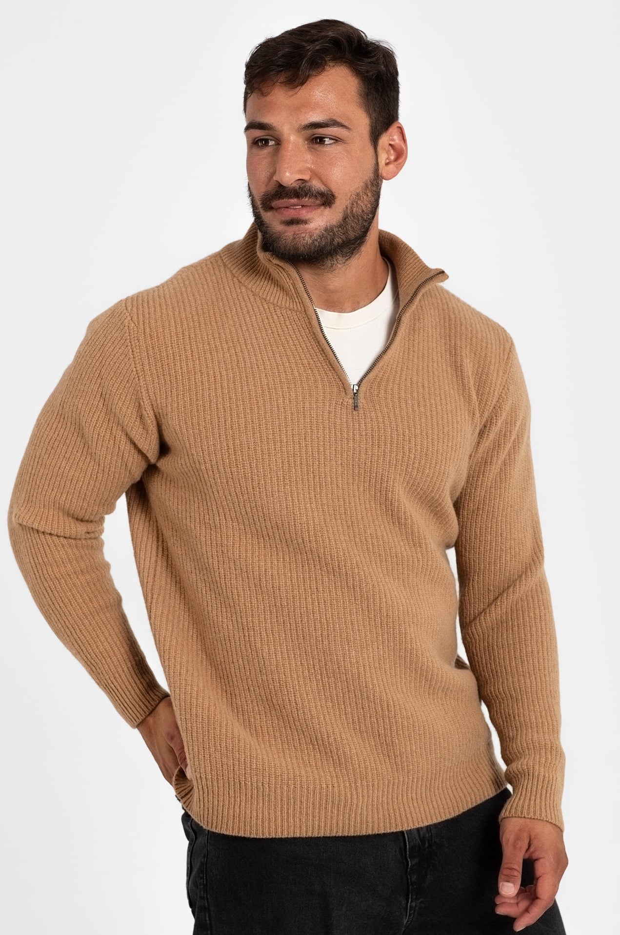 100% WOOL HALF-ZIP SWEATER, BROWN