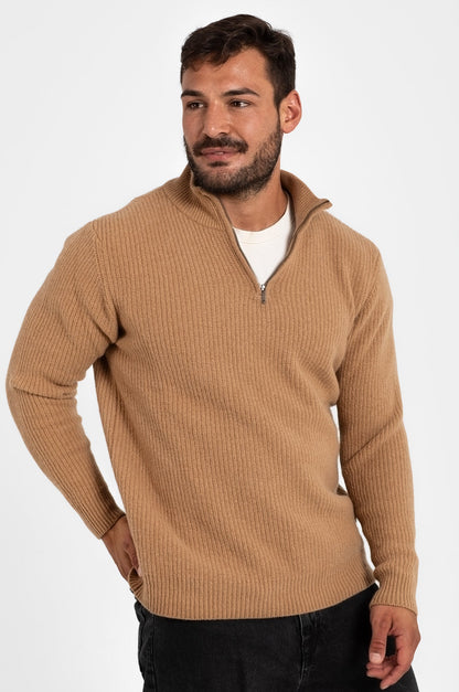 100% WOOL HALF-ZIP SWEATER, BROWN