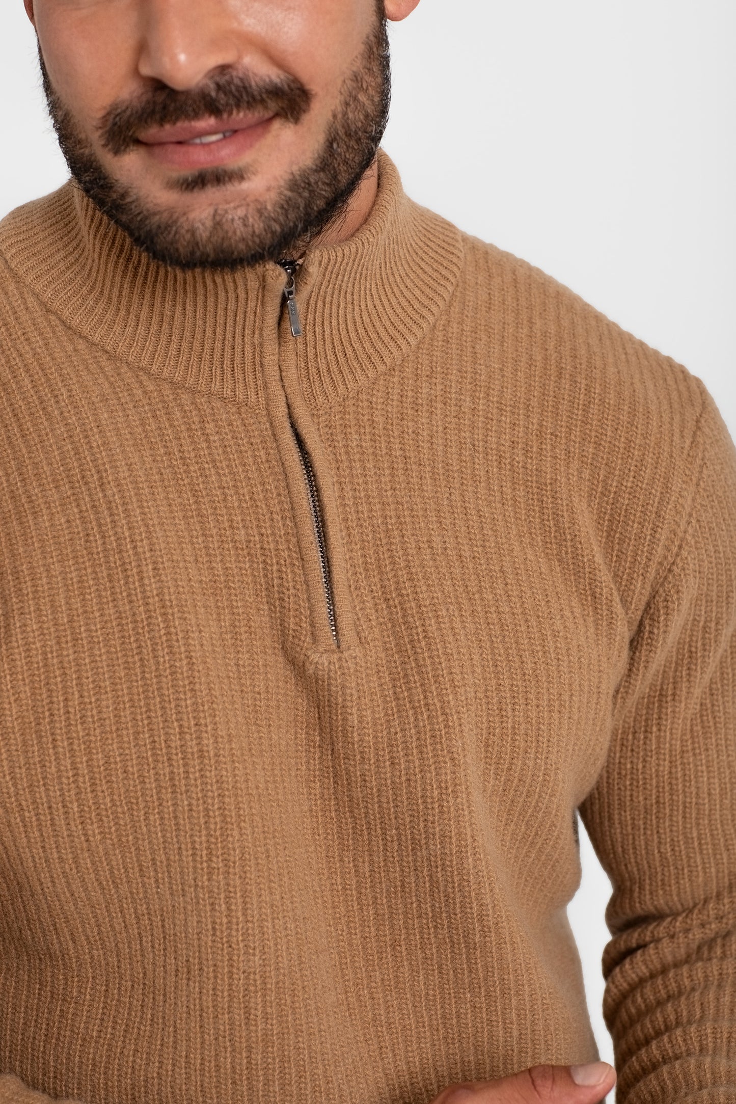 100% WOOL HALF-ZIP SWEATER, BROWN