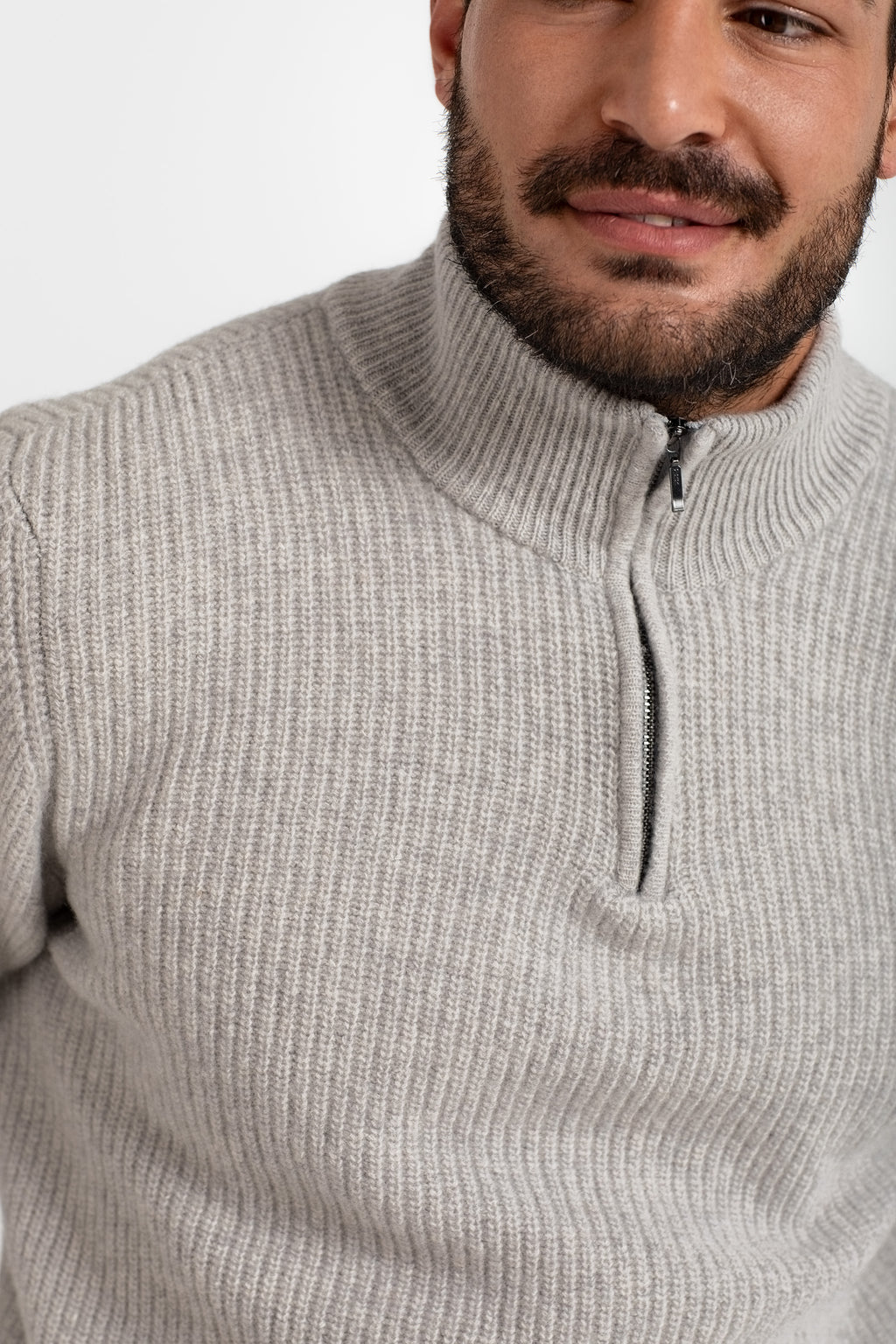 100 % Woll-Pullover mit halbem Reißverschluss, Grau