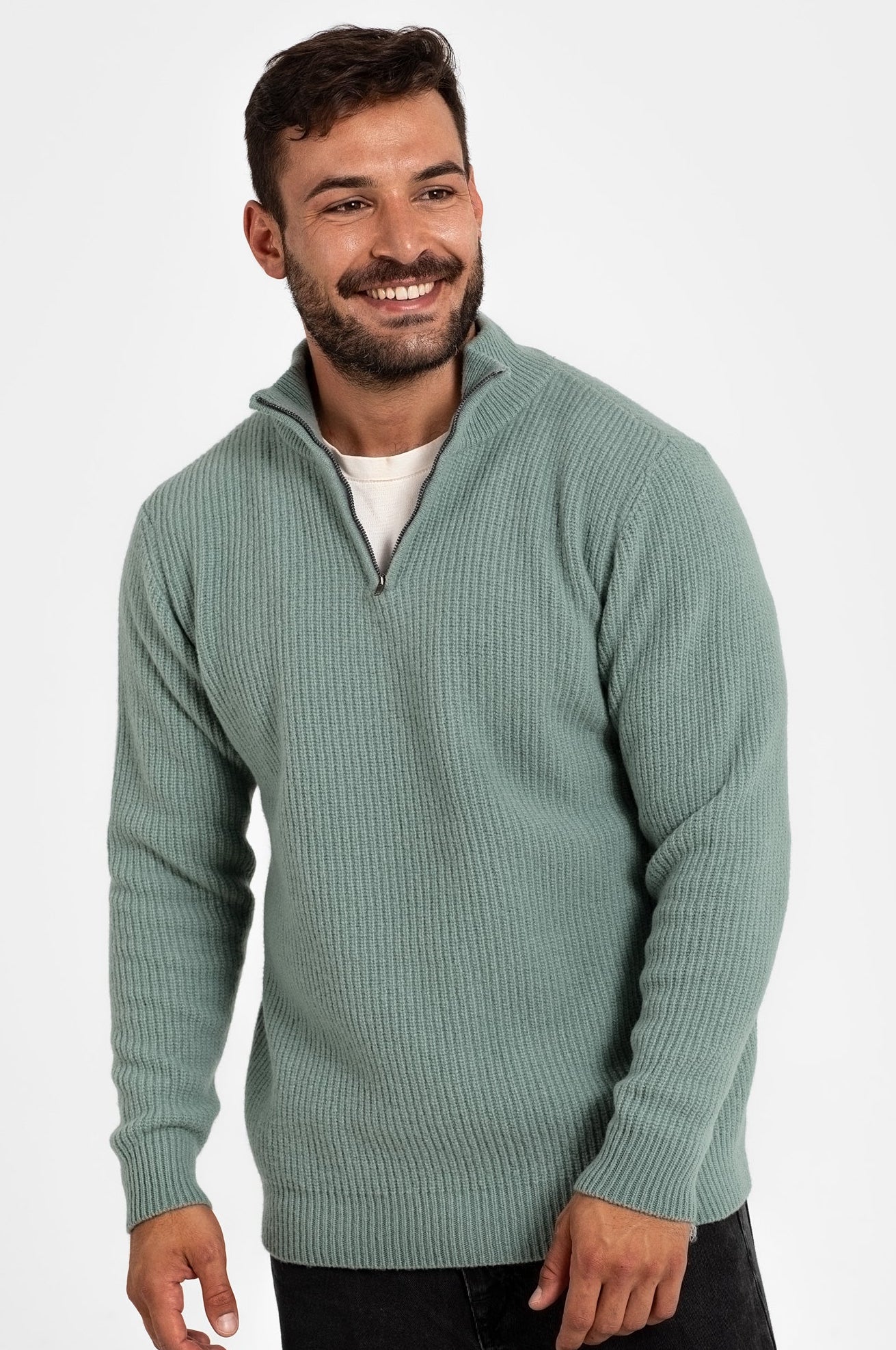TURQUOISE 100% WOOL HALF-ZIP JERSEY