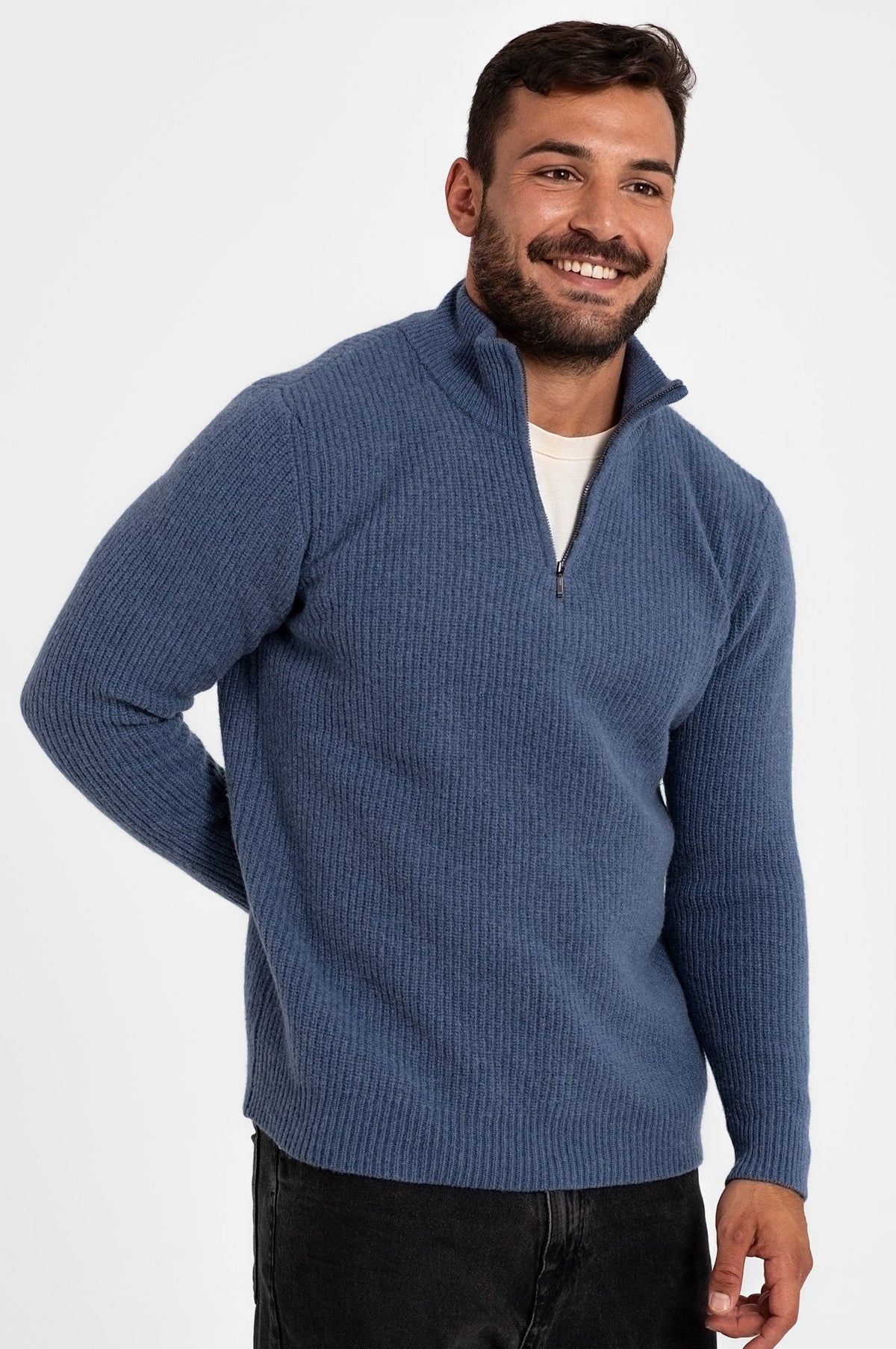 100 % Wollpullover mit halbem Reißverschluss, blau 