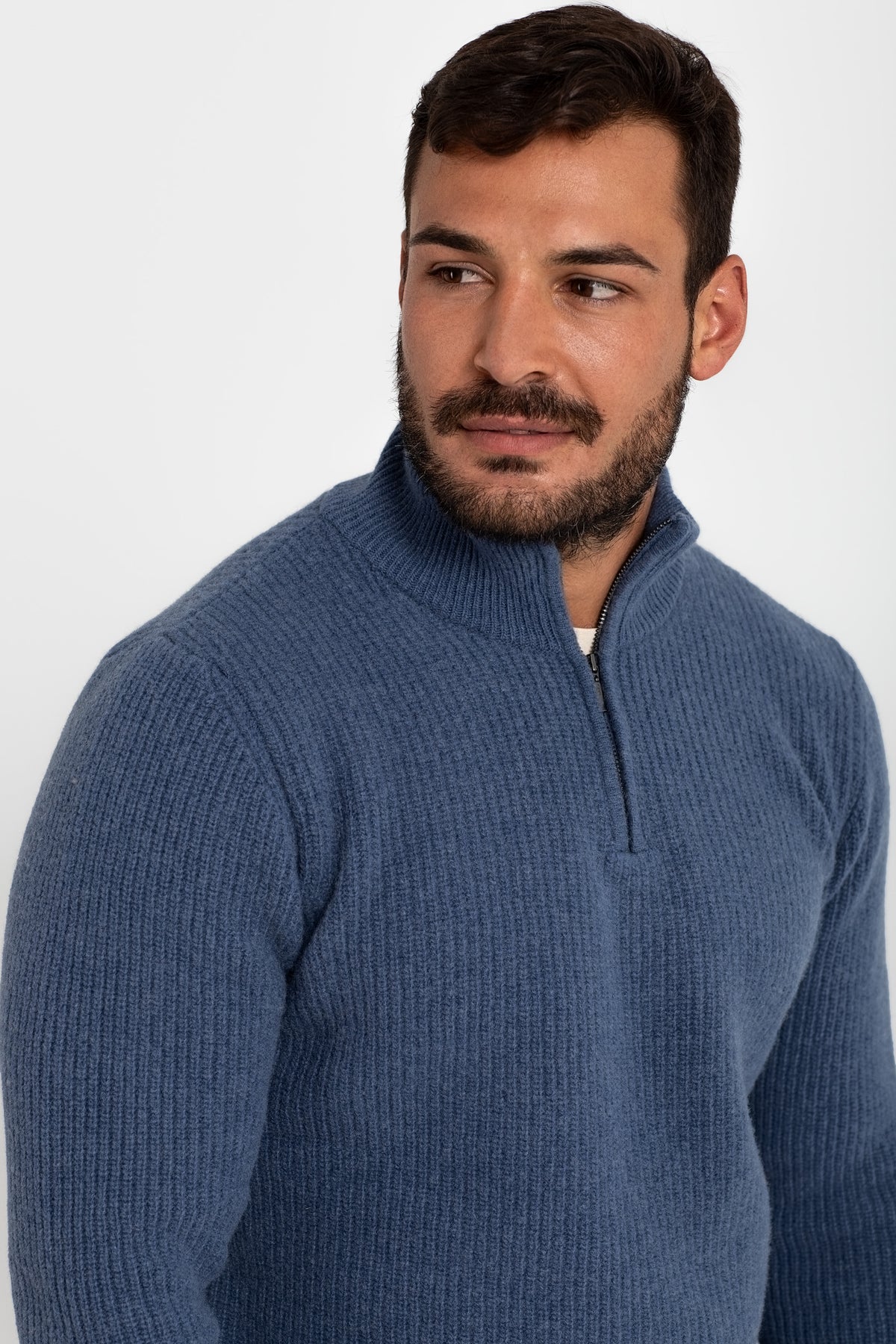 100 % Wollpullover mit halbem Reißverschluss, blau 