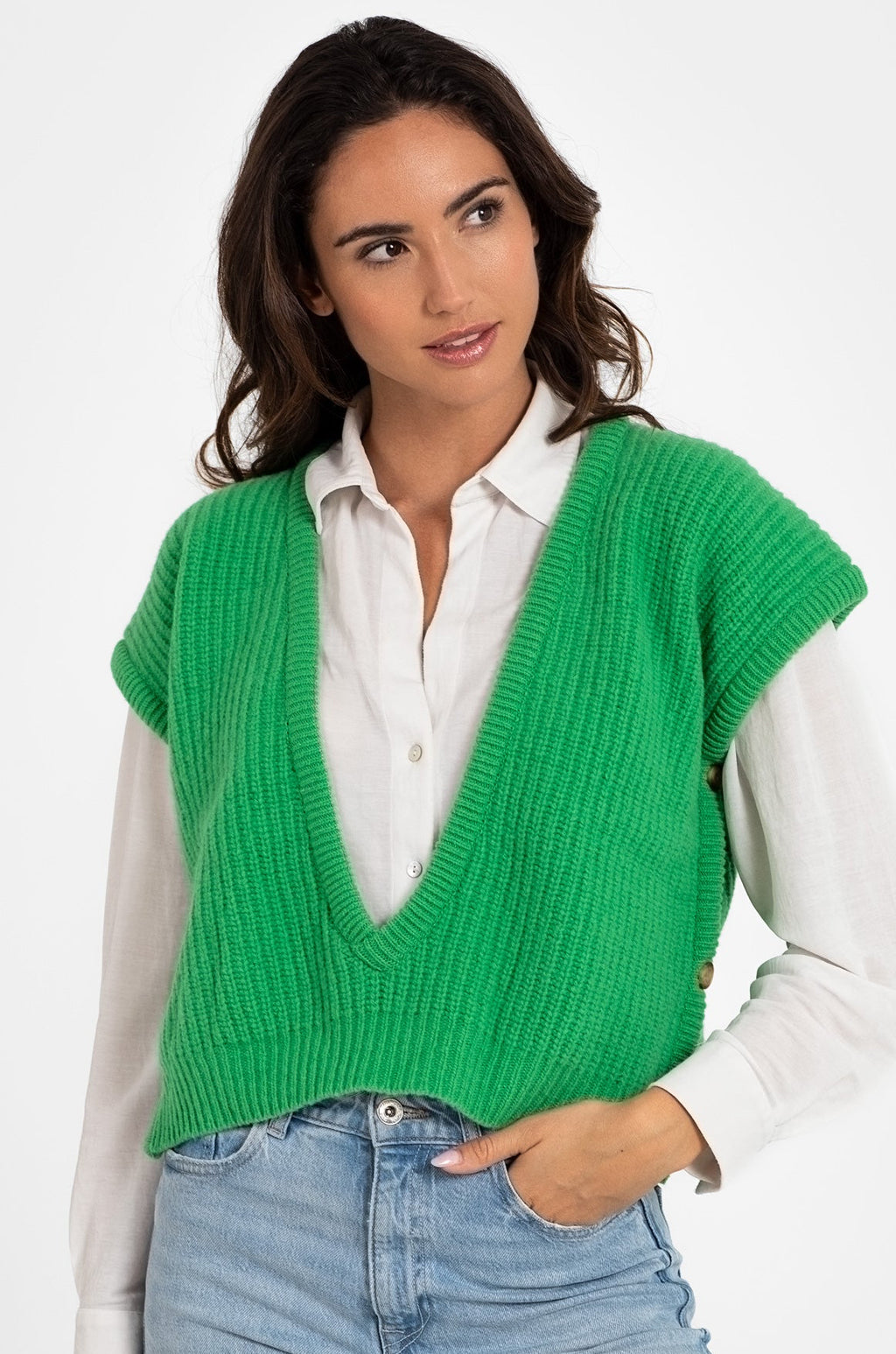 CHALECO PERLADO 100% LANA VERDE