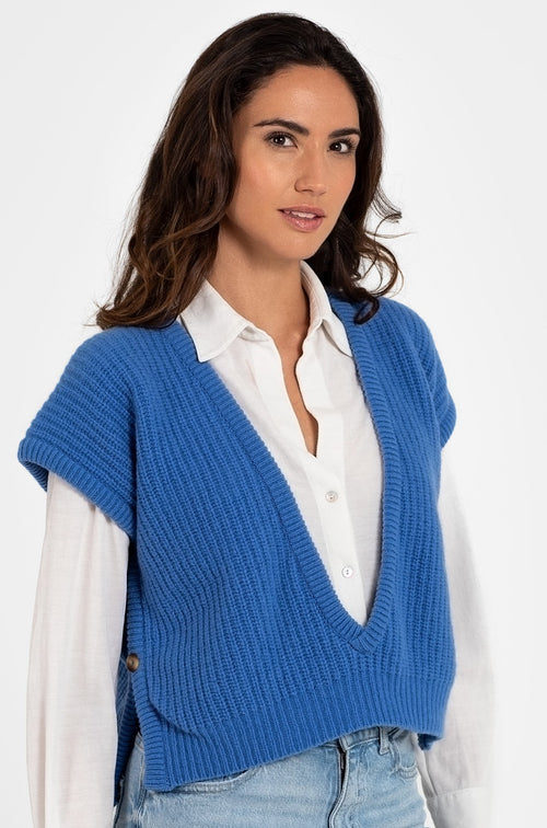 CHALECO PERLADO 100% LANA AZUL