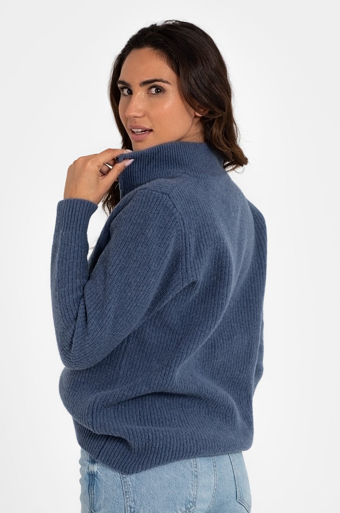 100 % Wollpullover mit halbem Reißverschluss, blau 