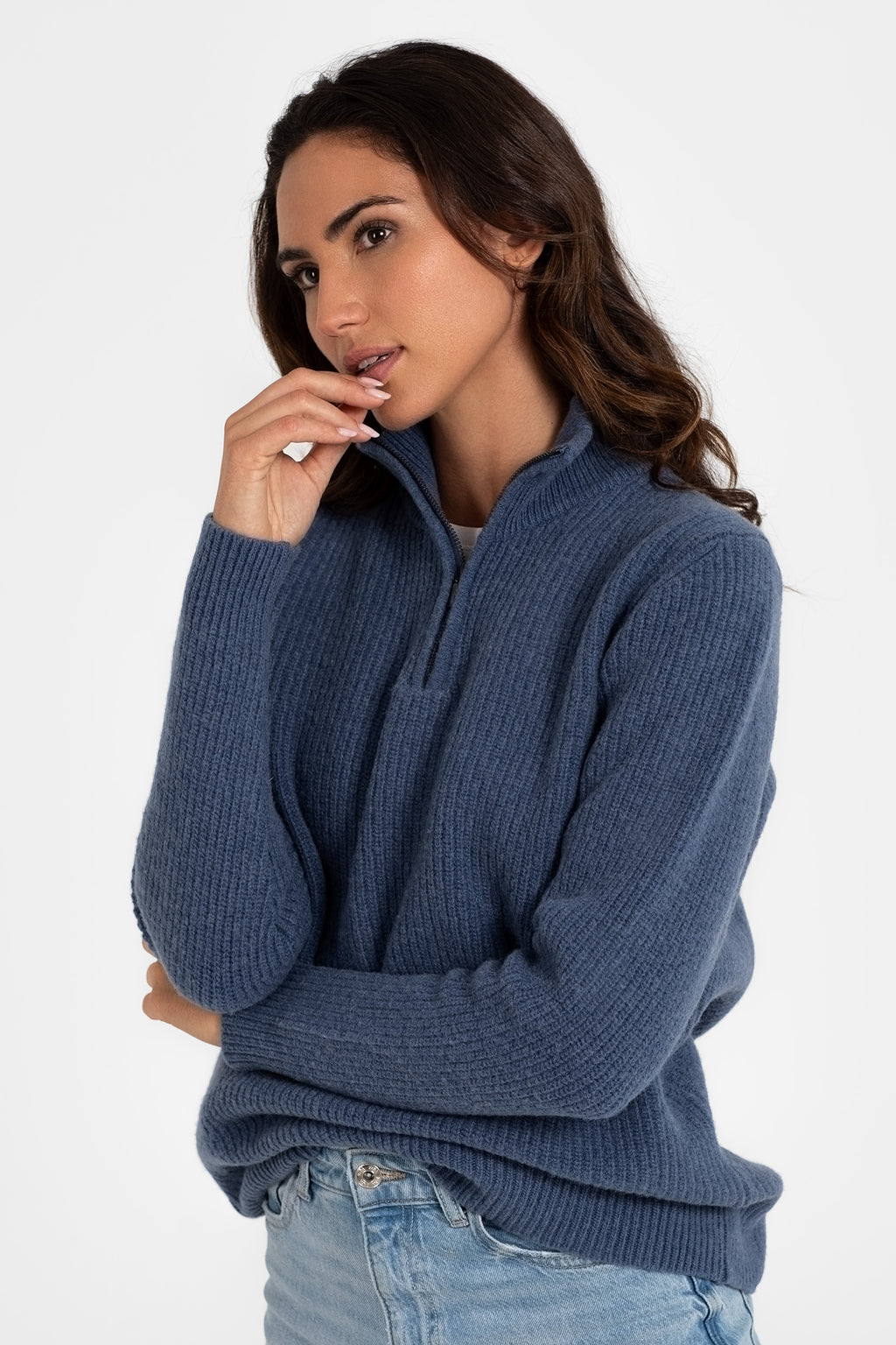 100 % Wollpullover mit halbem Reißverschluss, blau 